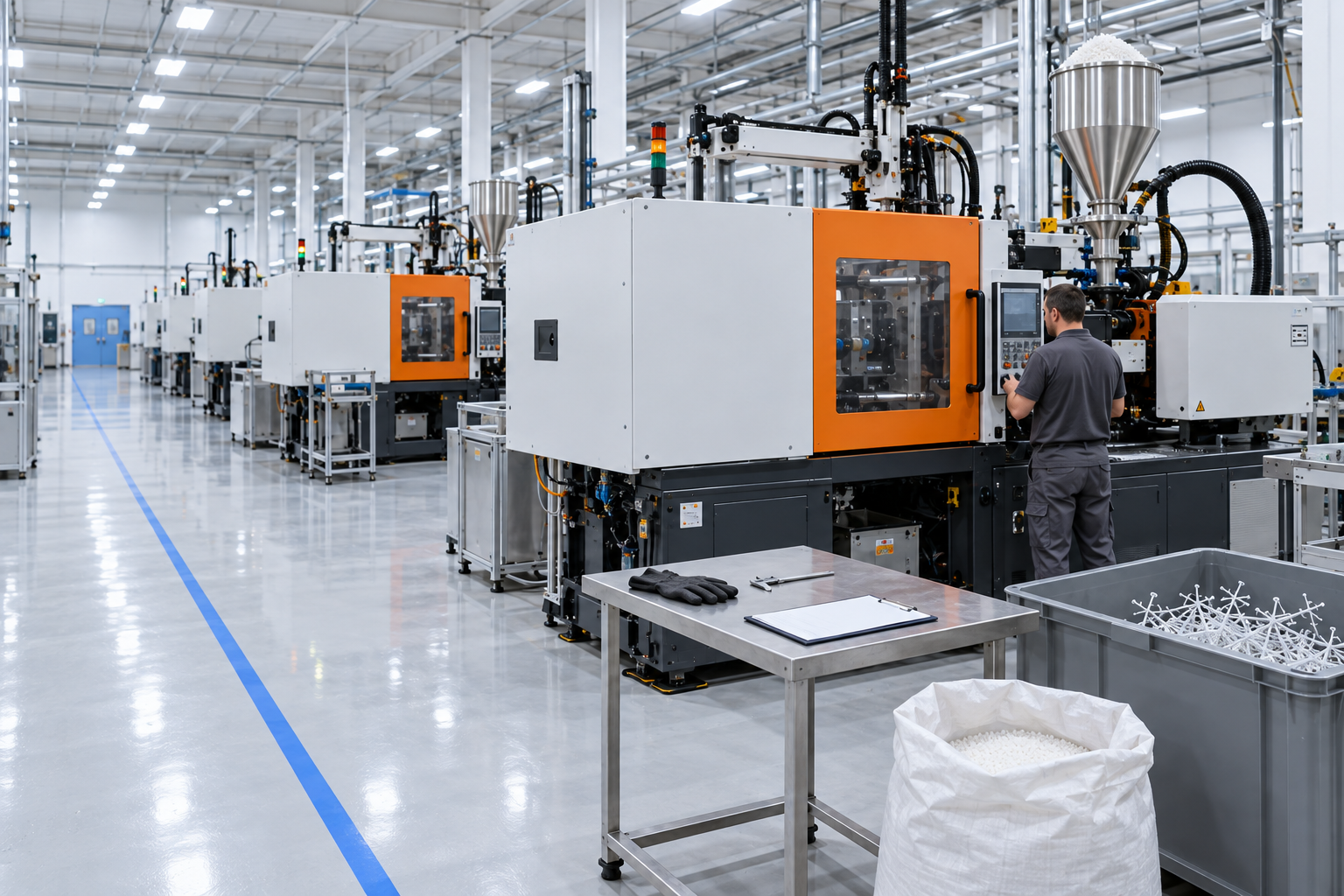 Assembly area beside white and orange machines