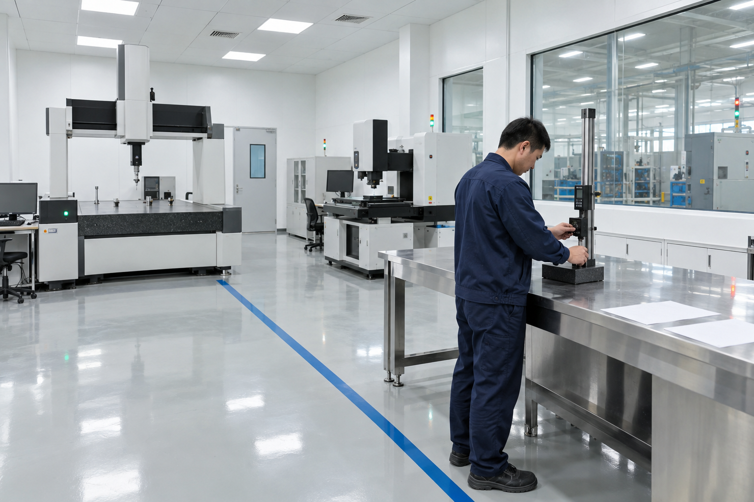 Inspection tables in a bright workshop
