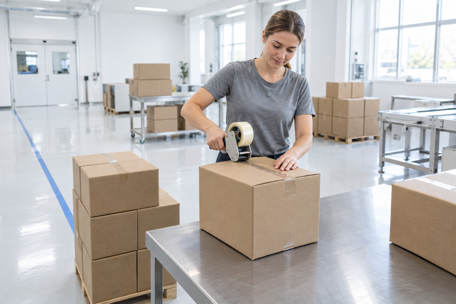 Plain cartons in a bright packing room
