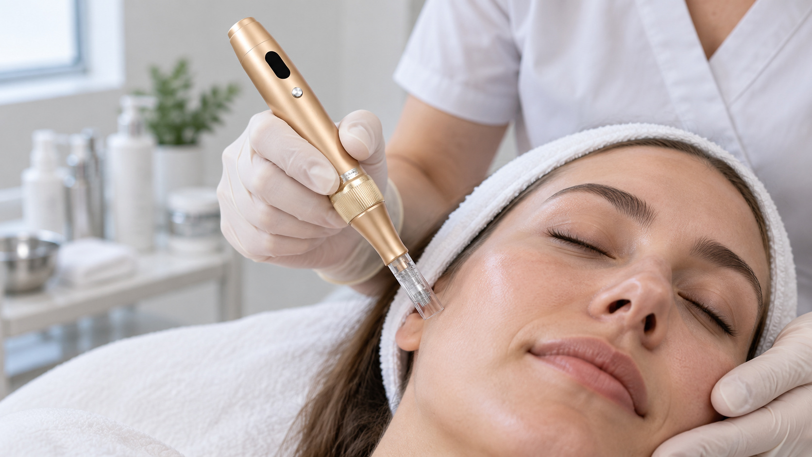 A practitioner holding a microneedling pen in a treatment room