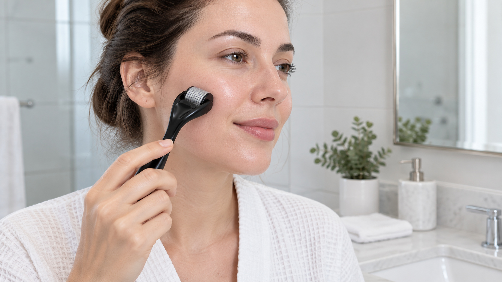 Hands holding a microneedling roller