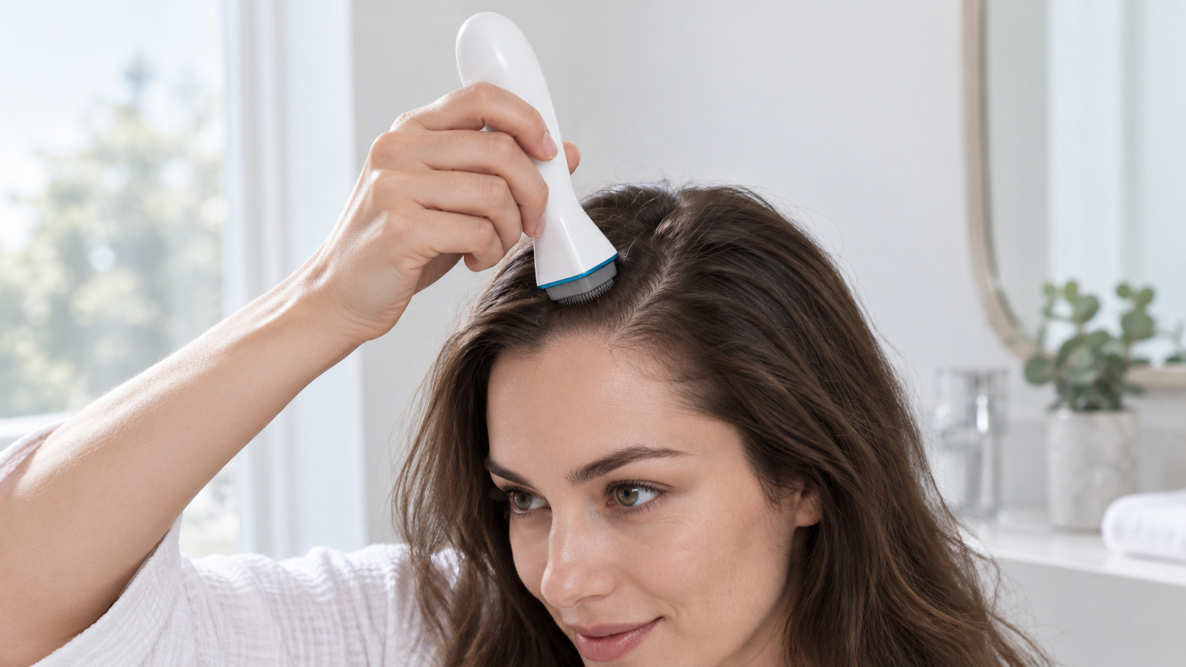 Hands holding a microneedling stamp