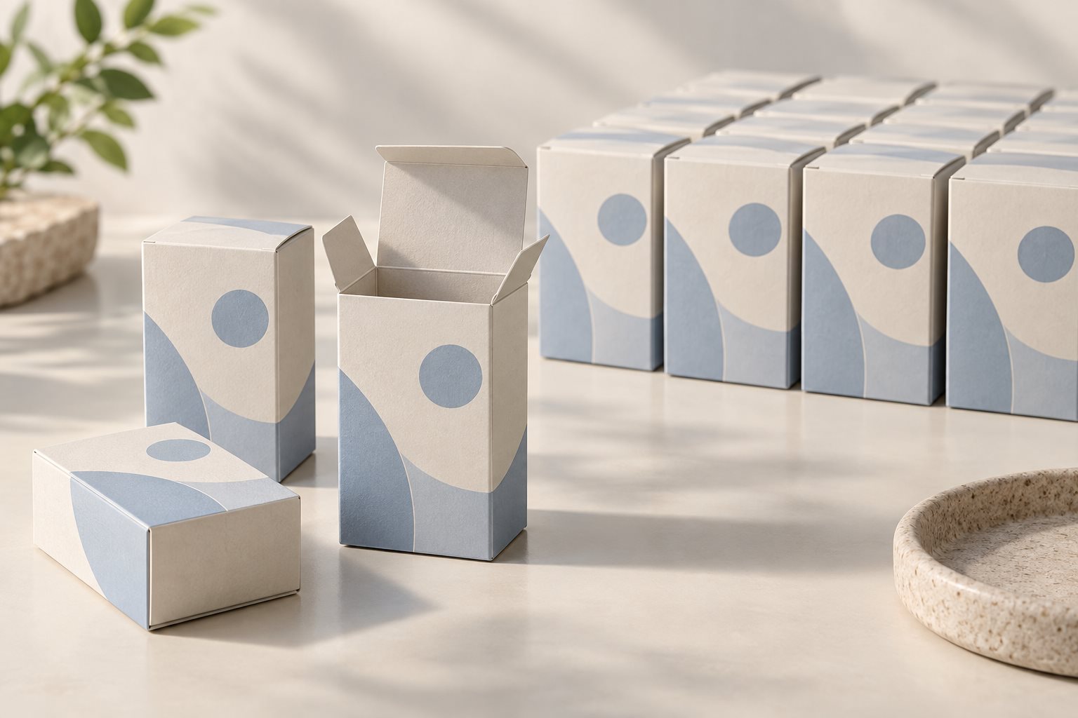 Illustration of a few custom printed cartons beside a larger batch of matching cartons