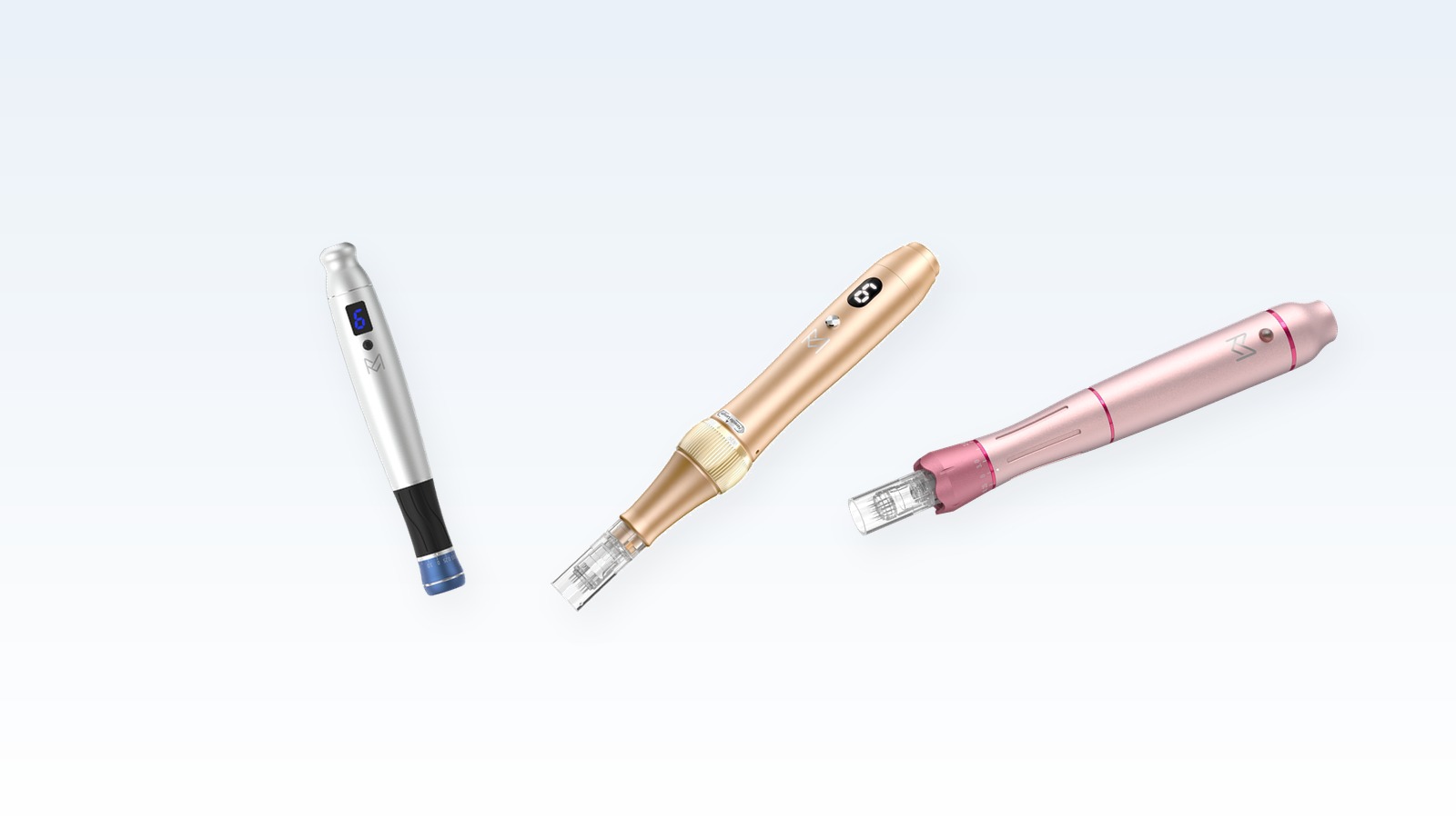 S5 Blue, T9 Golden, and K7 Pink microneedling pens, three finishes for a private-label range