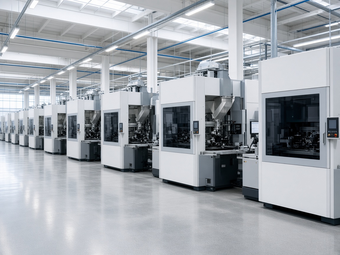 Row of injection molding machines in a bright bay