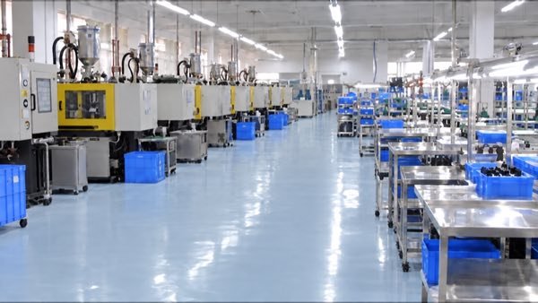 Open production floor with yellow aisle lines