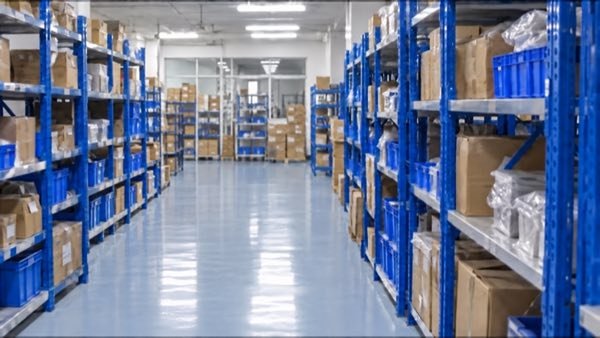 Empty warehouse with blue racking