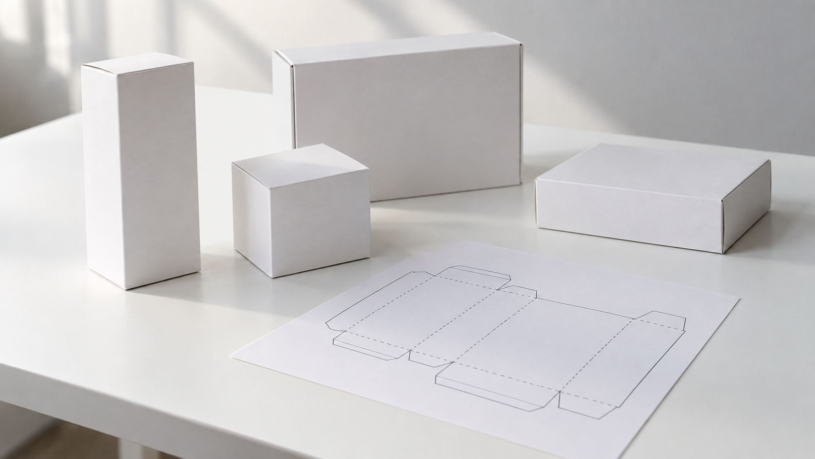 Unprinted cartons and a blank carton-layout sheet on a white work table