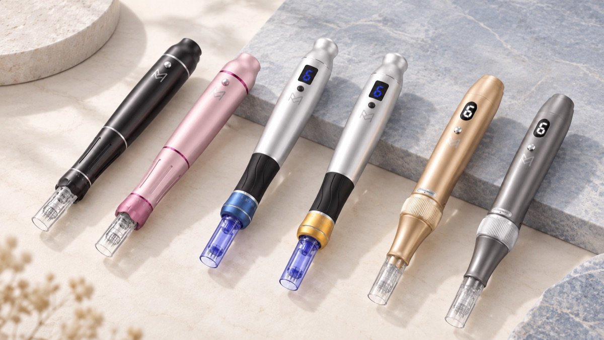 Gold, blue, pink, and black microneedling pens