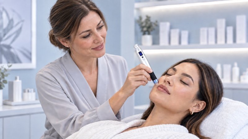 A woman holds a silver and blue microneedling pen against her cheek in daylight