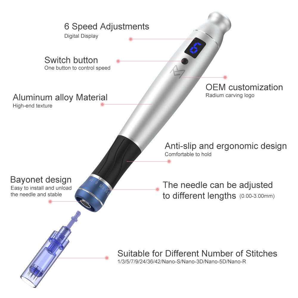 Silver pen with a blue grip