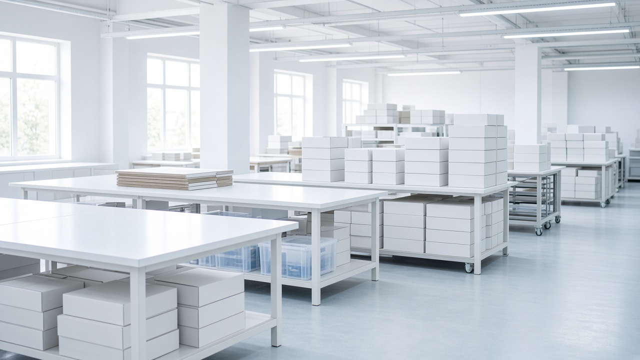 Plain cartons on a packing table
