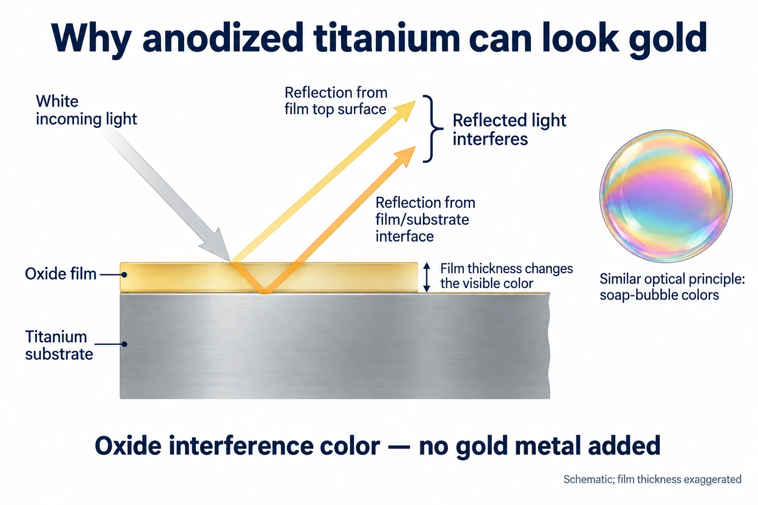Reflections from a thin oxide film on titanium combine to create color, illustrated with light paths and a soap bubble
