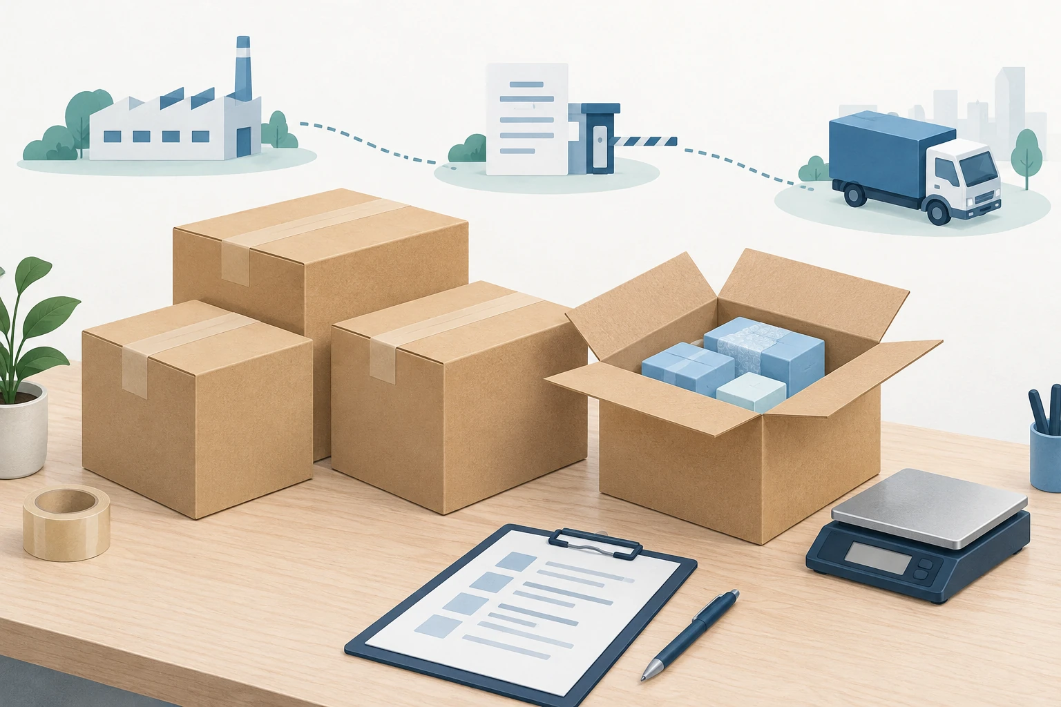 Concept illustration of three closed shipping cartons and a partly filled carton, with a scale and a factory-to-delivery route