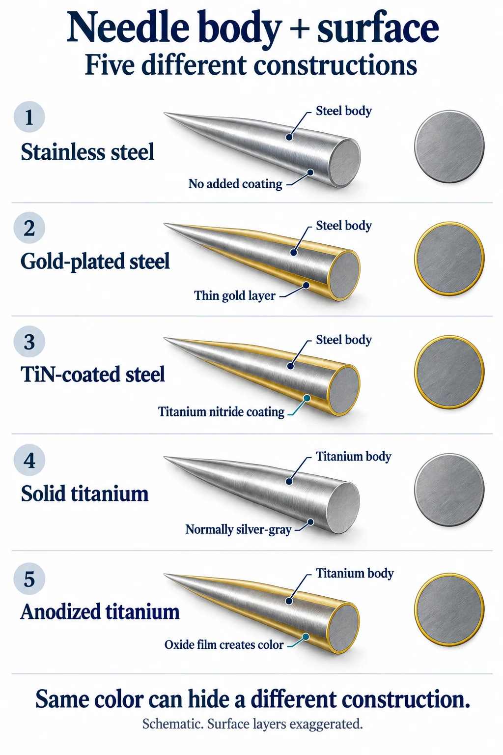 Five cutaway needle diagrams comparing stainless steel, gold-plated steel, TiN-coated steel, solid titanium and anodized titanium