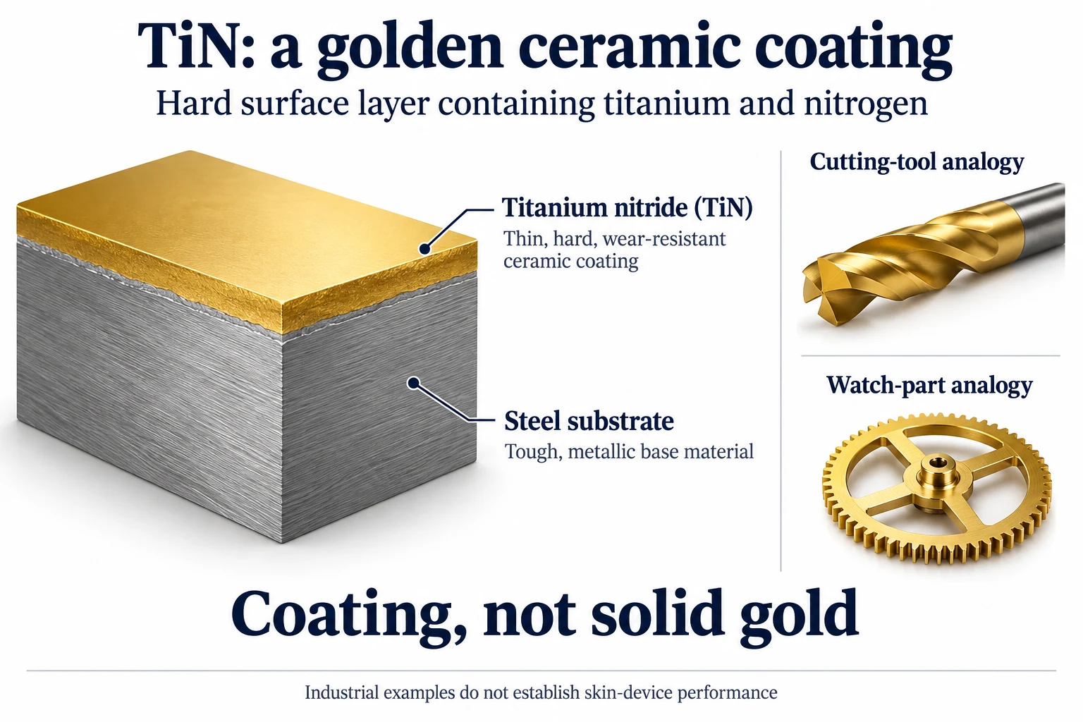 Steel substrate under a golden titanium nitride coating, with drill and watch-part analogies