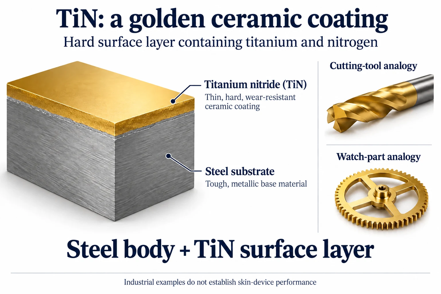Diagram of a steel body with a titanium-nitride surface layer; cutting-tool and watch-part examples illustrate construction, not microneedling performance.